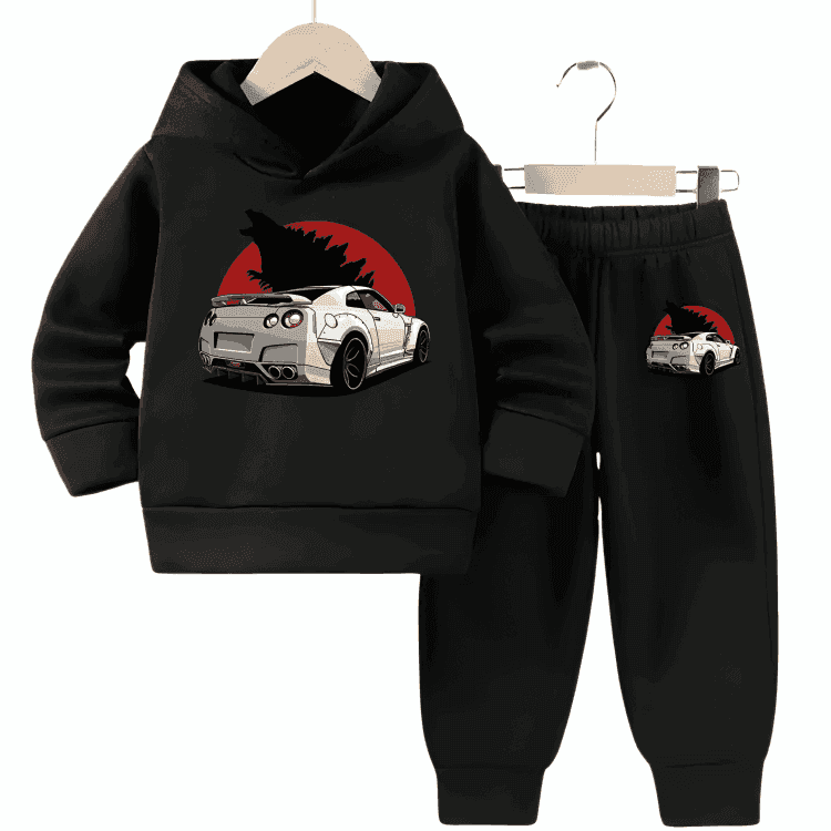 Car Printed Fleece Hoodie Tracksuit - Kin Trends