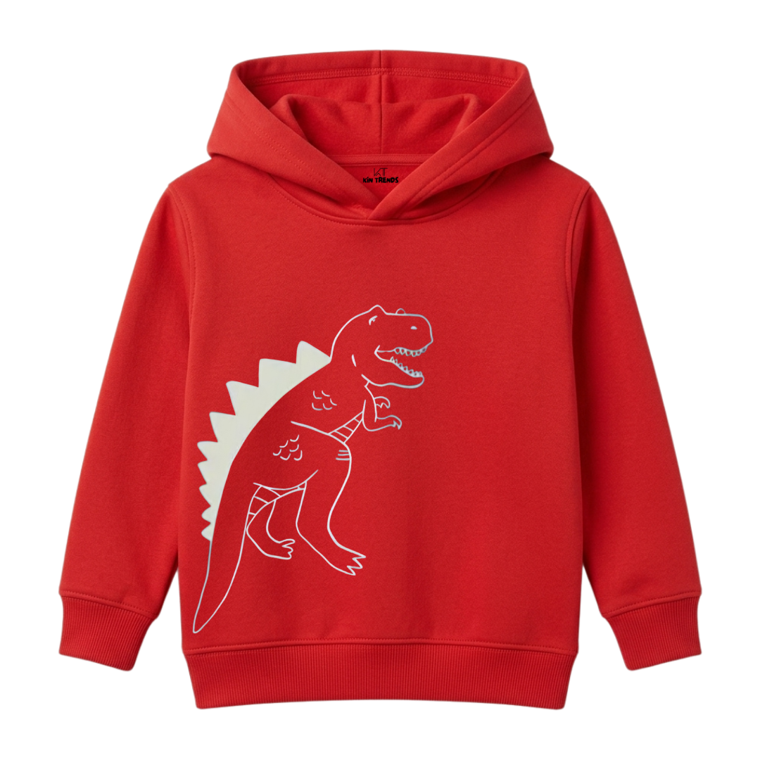 Kids Red Sleek Outline Roaring Dinosaur Graphic Warm Pullover Hoodie