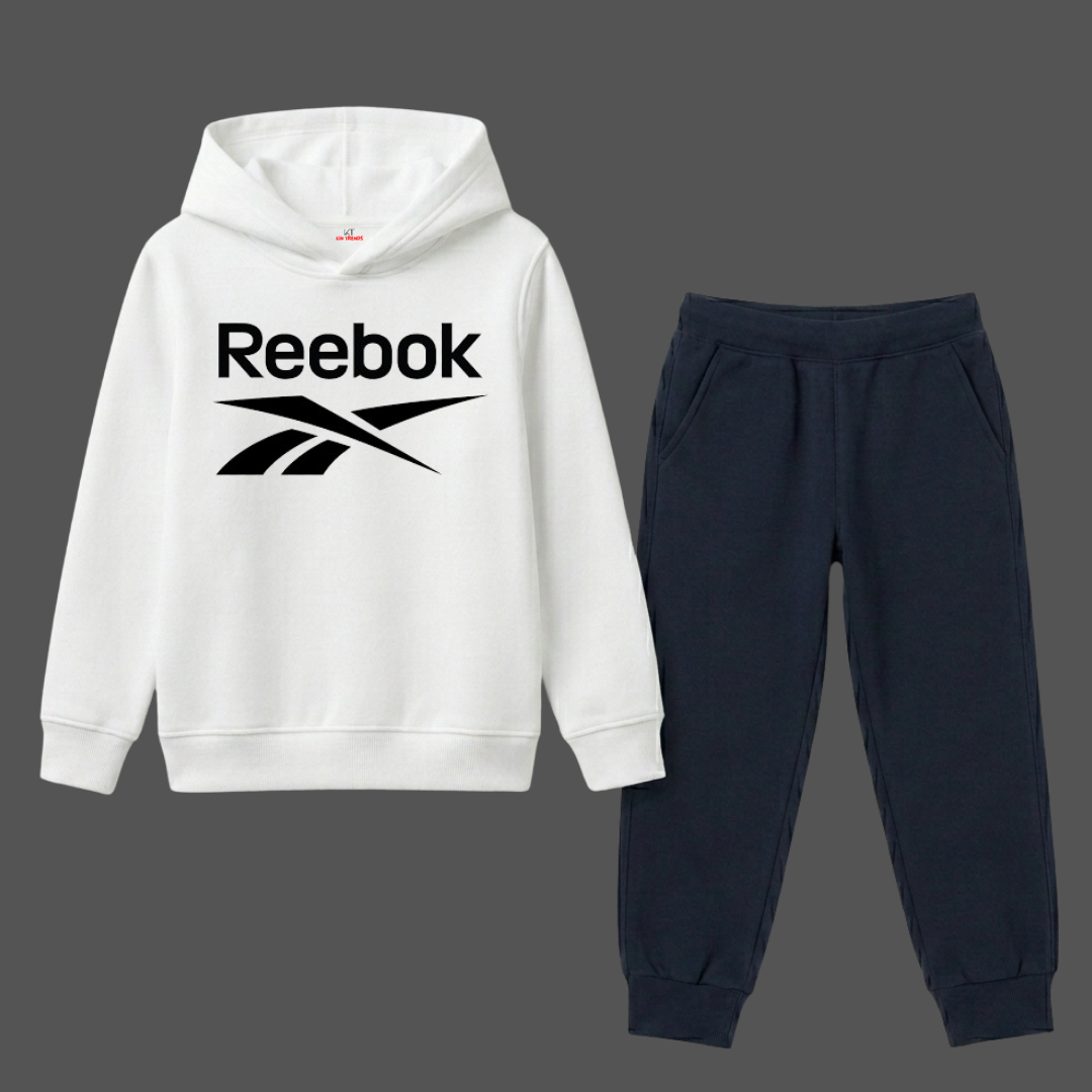 Kids White & Navy Blue RBK Sports Winter Hoodie & Trouser Suit