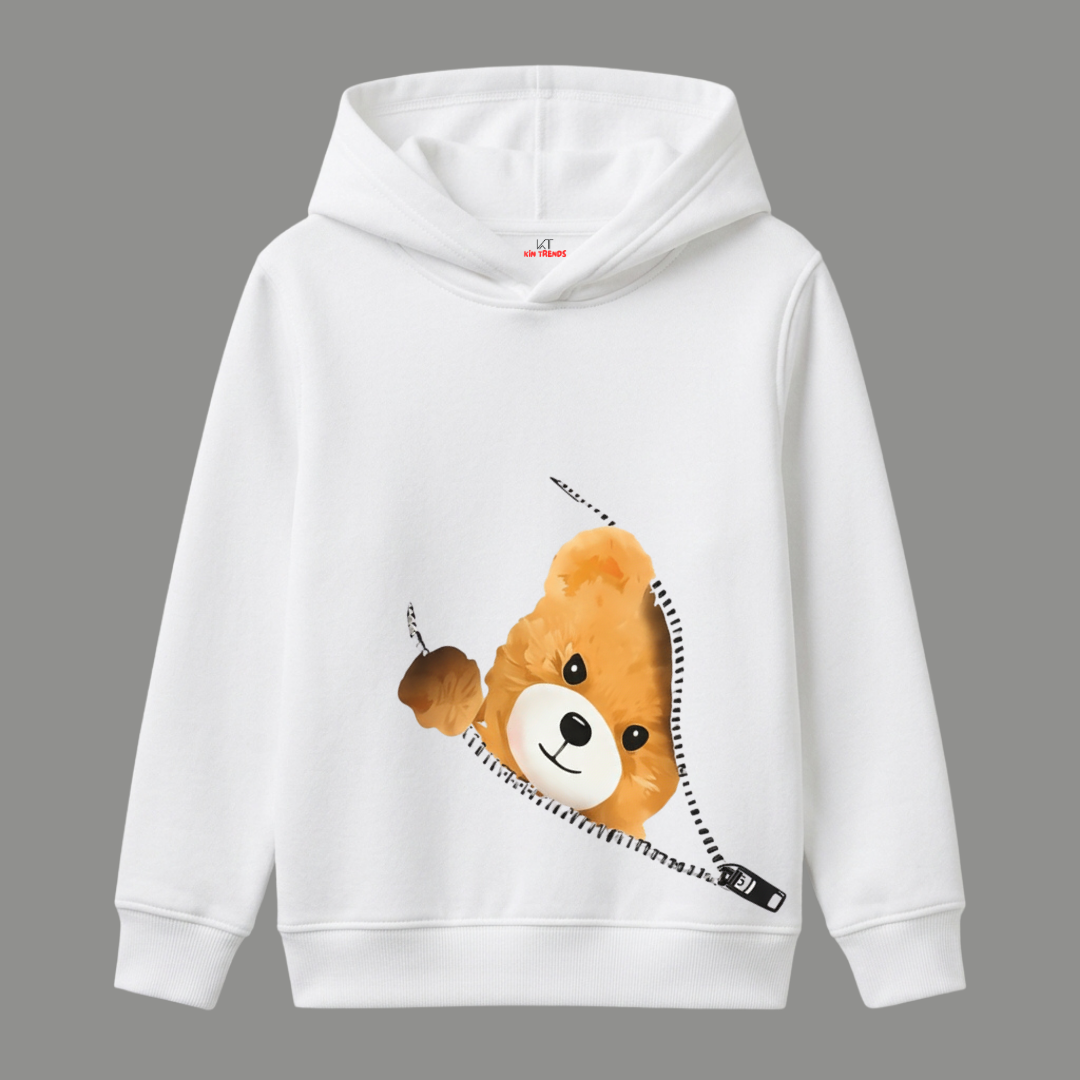 Cute Peekaboo Teddy Bear Zipper Graphic Kids Winter Fleece Hoodie