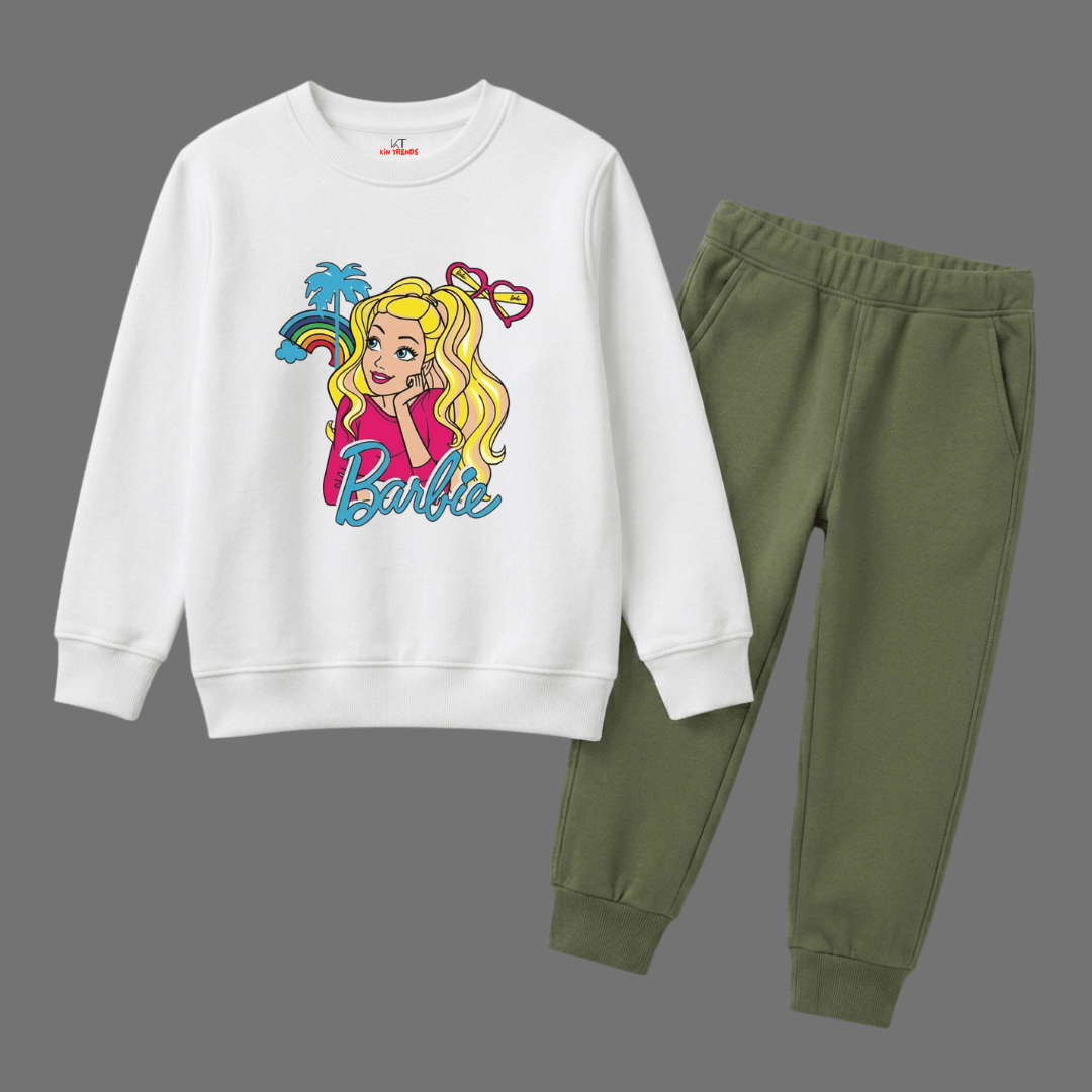 Girls White & Olive Green Cute Barbie Print Winter Suit