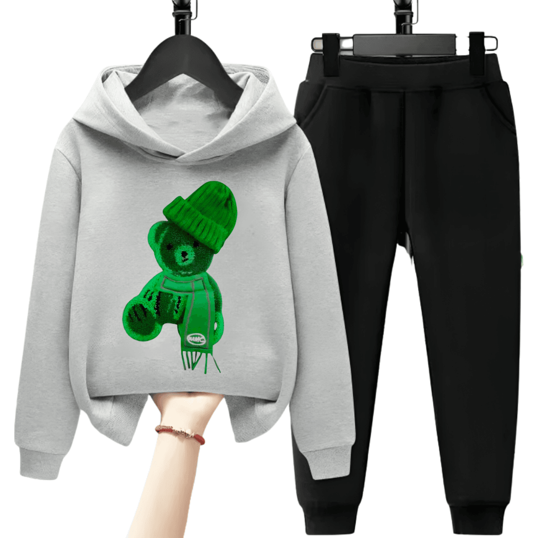 Printed Greeny Bear Fleece Hoodie Tracksuit - Kin Trends