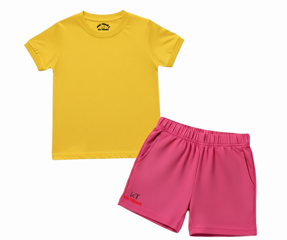 Contrast Color Plain Shorts Set