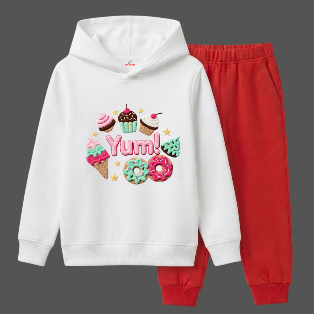 Yum Cupcake & Donuts Printed Girls Winter Fleece Tracksuit - 2 Pcs