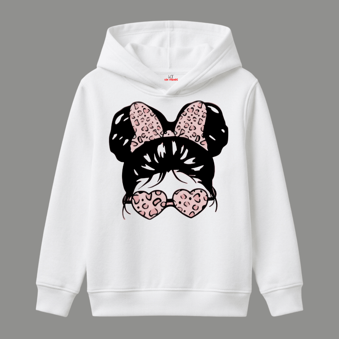 Cute Girl Messy Bun Leopard Print Sunglasses Kids Winter Fleece Hoodie