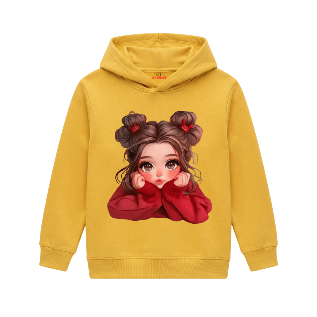 Cute Anime Girl Double Bun Hair Illustration Kids Winter Fleece Hoodie