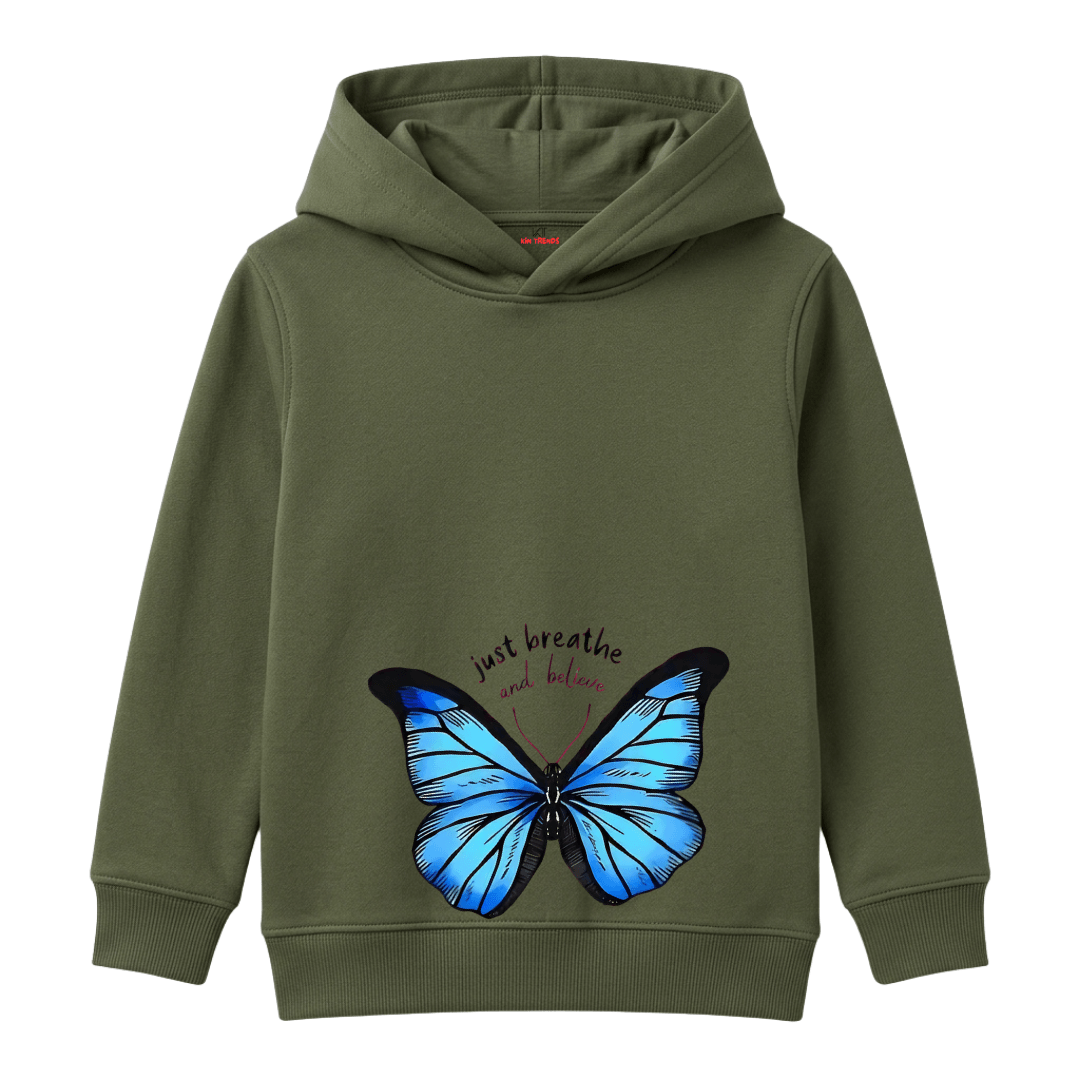 Just Breathe and Believe Vibrant Blue Butterfly Kids Winter Fleece Hoodie