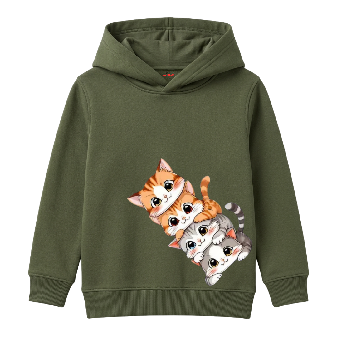 Cute Playful Stacked Anime Kittens Illustration Kids Winter Fleece Hoodie