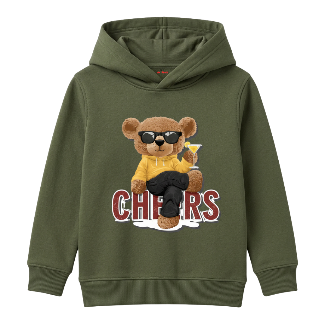 Cheers Teddy Bear Sunglasses Drinking Mocktail Kids Winter Fleece Hoodie