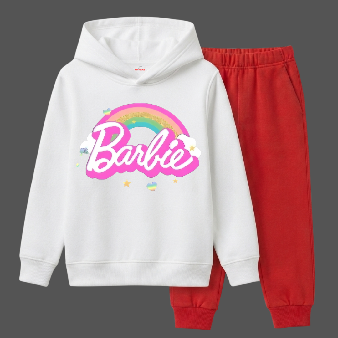Barbie Rainbow Graphic Printed Girls Winter Fleece Tracksuit - 2 Pcs