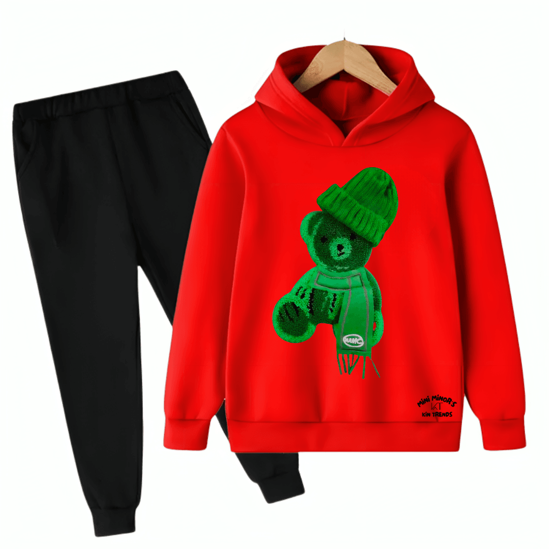 Printed Greeny Bear Fleece Hoodie Tracksuit - Kin Trends