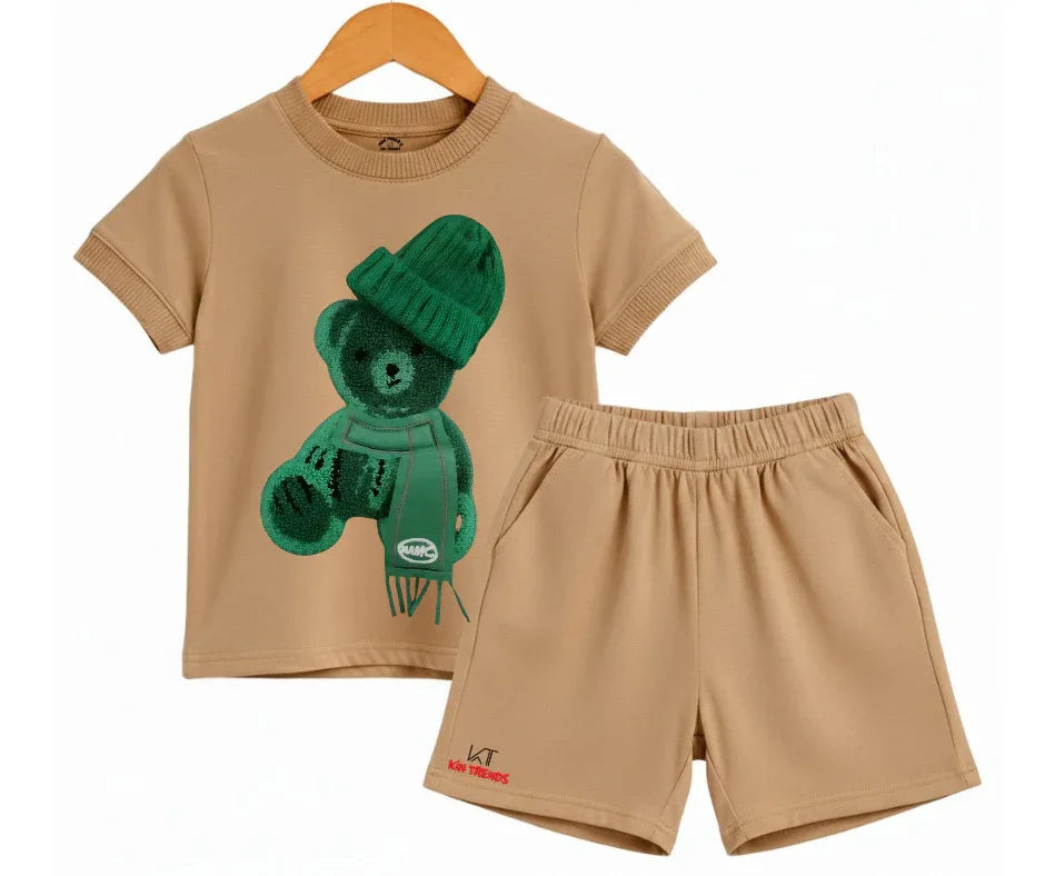 Greeny Bear Shorts Set (Not Embroidered) Kids T shirt and shorts | Mini Minors Kin Trends | Kintrends
