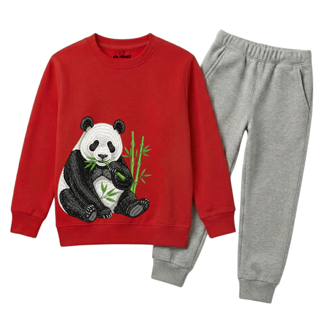 Kids Red & Grey Playful Panda Animal Graphic Winter Clothing Set