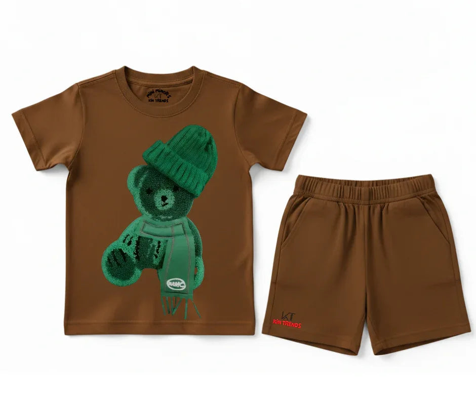 Greeny Bear Shorts Set (Not Embroidered) Kids T shirt and shorts | Mini Minors Kin Trends | Kintrends