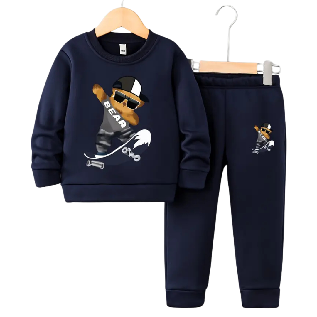 Navy blue children's sweatshirt and pants set with bear graphic design on a white background