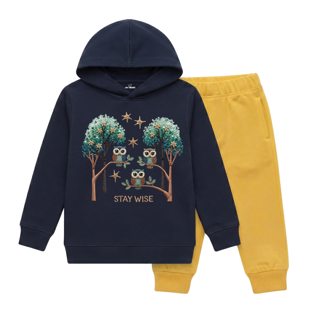 Stay Wise Cute Owls Printed Kids Winter Fleece Tracksuit - 2 Pcs