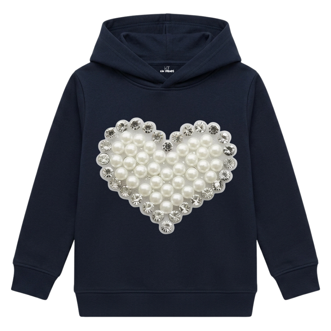 Luxury Pearl Cluster Diamond Border Heart Kids Winter Fleece Hoodie