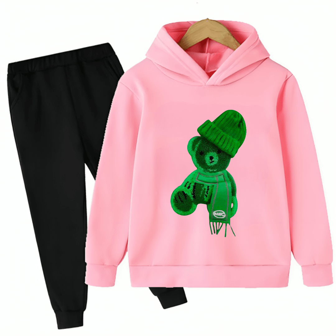 Printed Greeny Bear Fleece Hoodie Tracksuit - Kin Trends