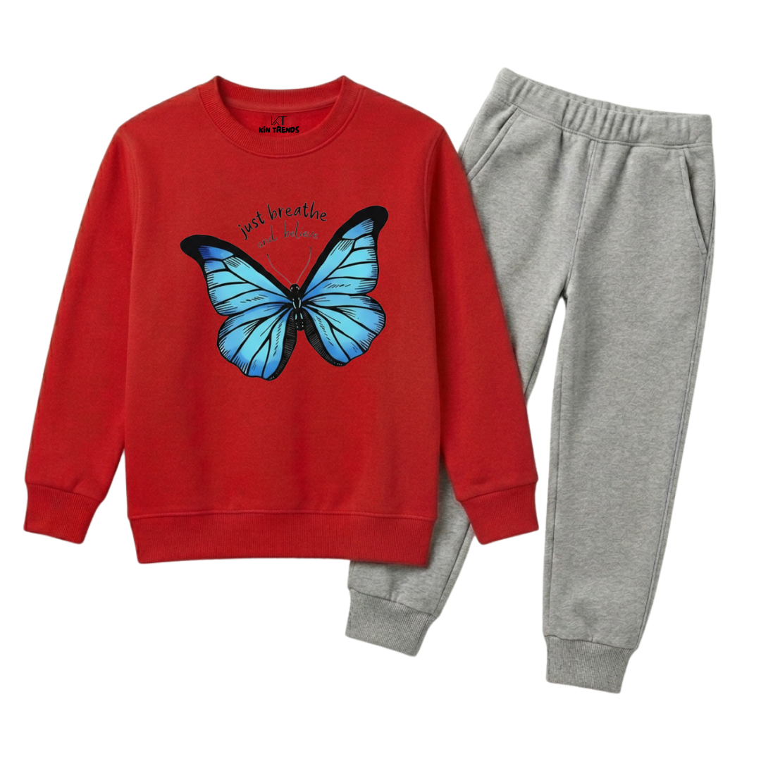 Girls Red & Grey Vibrant Butterfly Graphic Winter Outfits Set