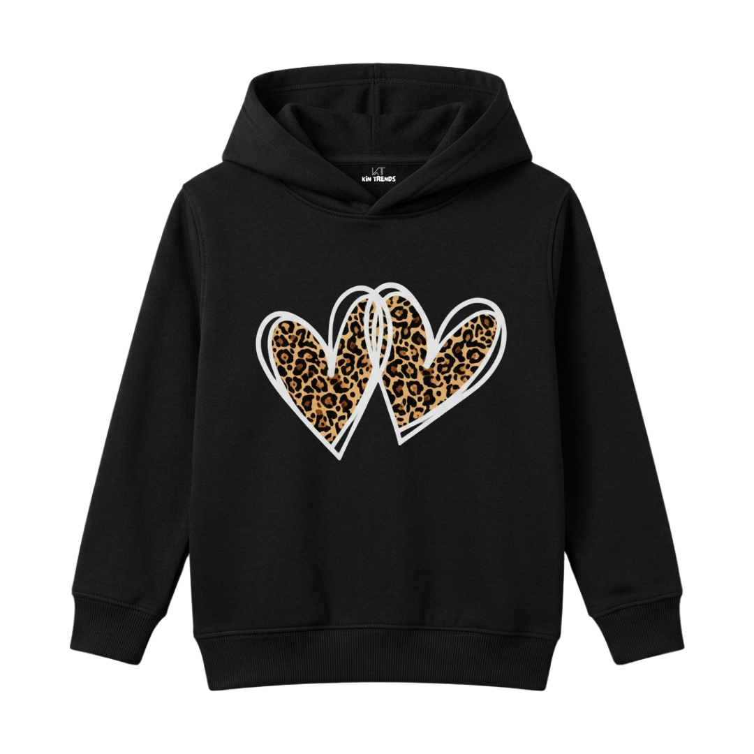 Twin Leopard Print Sketch Hearts Graphic Kids Winter Fleece Hoodie