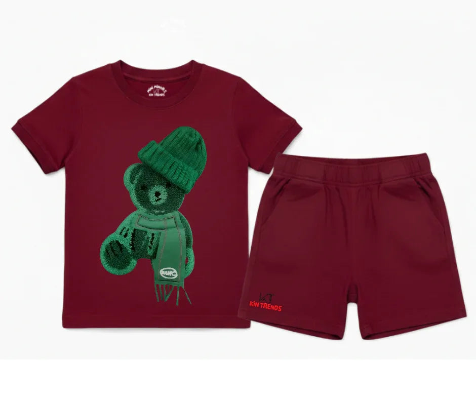 Greeny Bear Shorts Set (Not Embroidered) Kids T shirt and shorts | Mini Minors Kin Trends | Kintrends