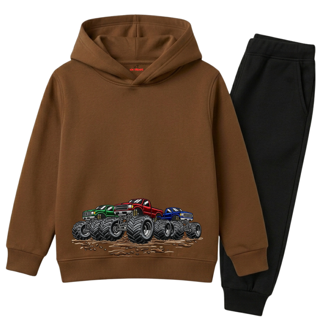 Boys Brown & Black Offroad Trucks Graphic Fleece Tracksuit - 2 Pcs