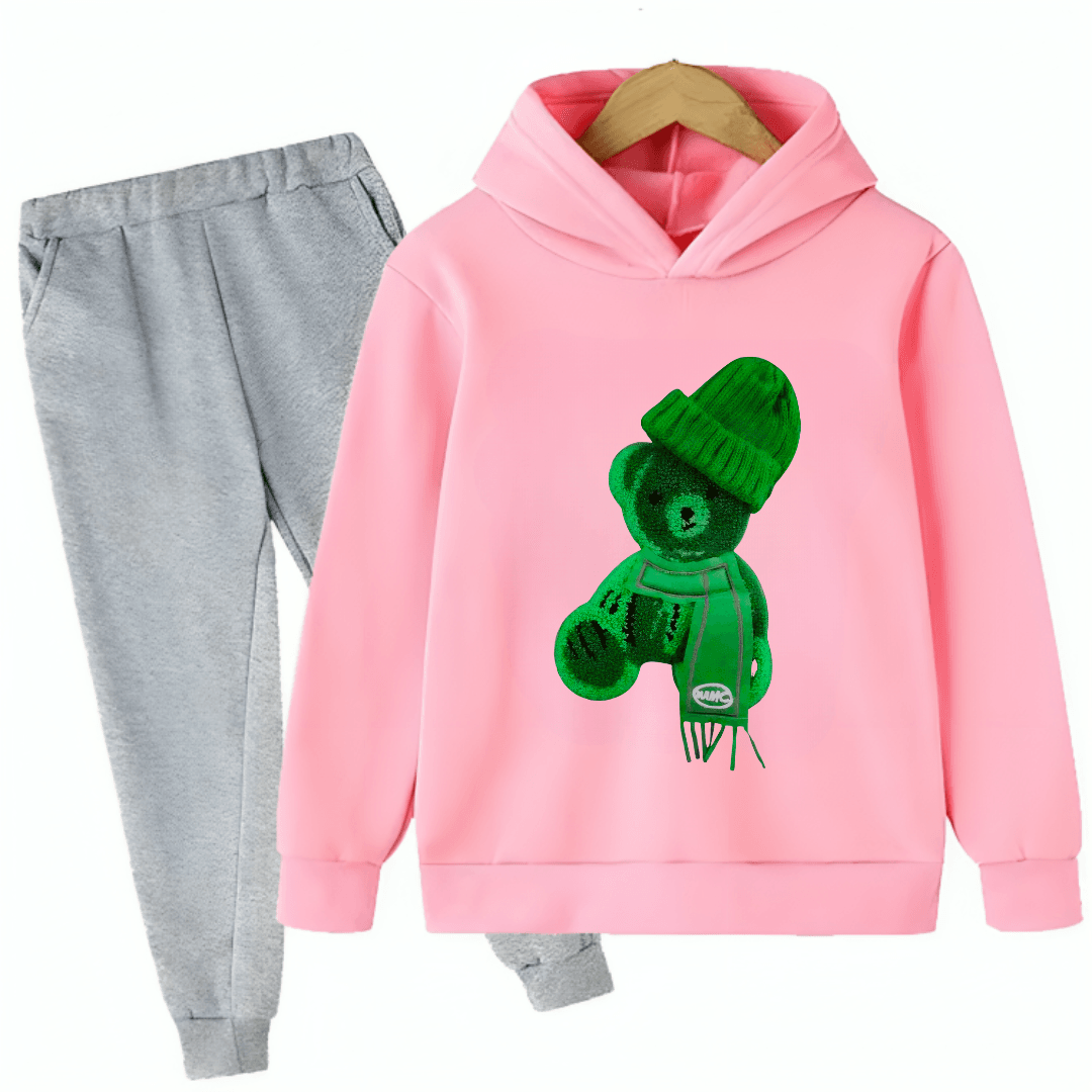 Printed Greeny Bear Fleece Hoodie Tracksuit - Kin Trends