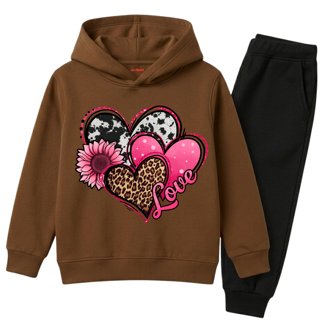 Girls Brown & Black Leopard Print Heart Winter Hoodie Suit