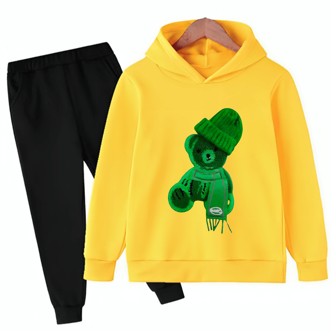 Printed Greeny Bear Fleece Hoodie Tracksuit - Kin Trends