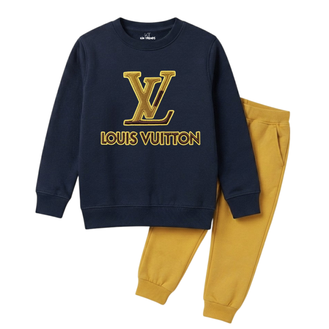 Kids Navy Blue & Yellow LV Style Premium Graphic Winter Clothing Set