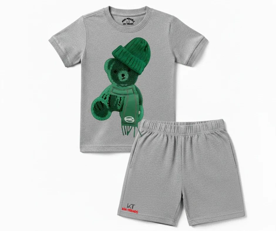 Greeny Bear Shorts Set (Not Embroidered) Kids T shirt and shorts | Mini Minors Kin Trends | Kintrends