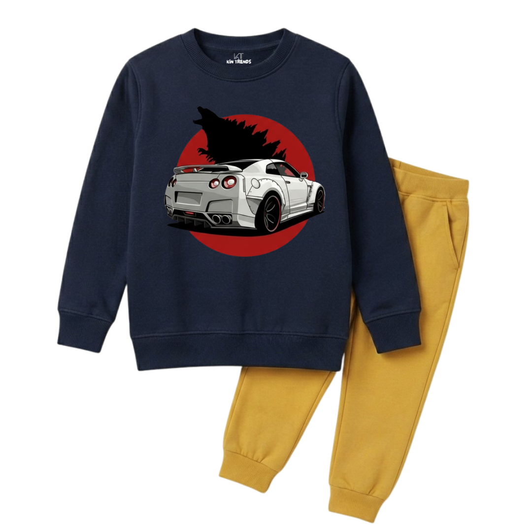 GT-R Sports Car Godzilla Printed Kids Winter Sweatshirt Tracksuit - 2 Pcs