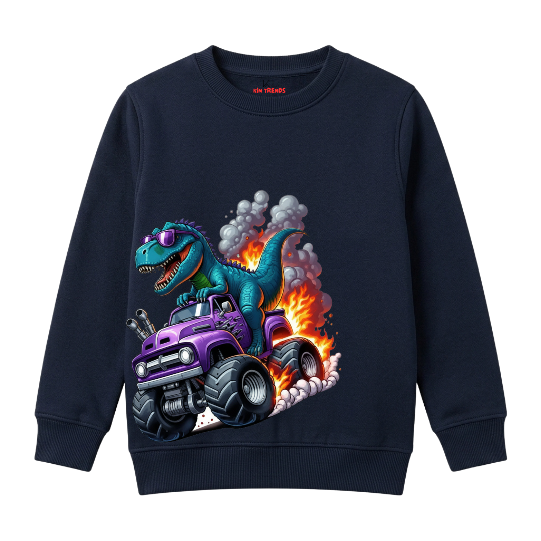 Boys Navy Blue Dino Racing Car Print Warm Fleece Winter Wear