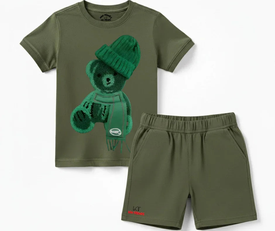 Greeny Bear Shorts Set (Not Embroidered) Kids T shirt and shorts | Mini Minors Kin Trends | Kintrends