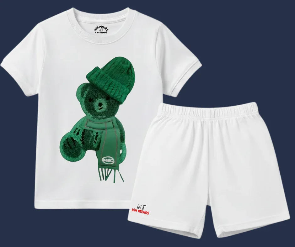Greeny Bear Shorts Set (Not Embroidered) Kids T shirt and shorts | Mini Minors Kin Trends | Kintrends