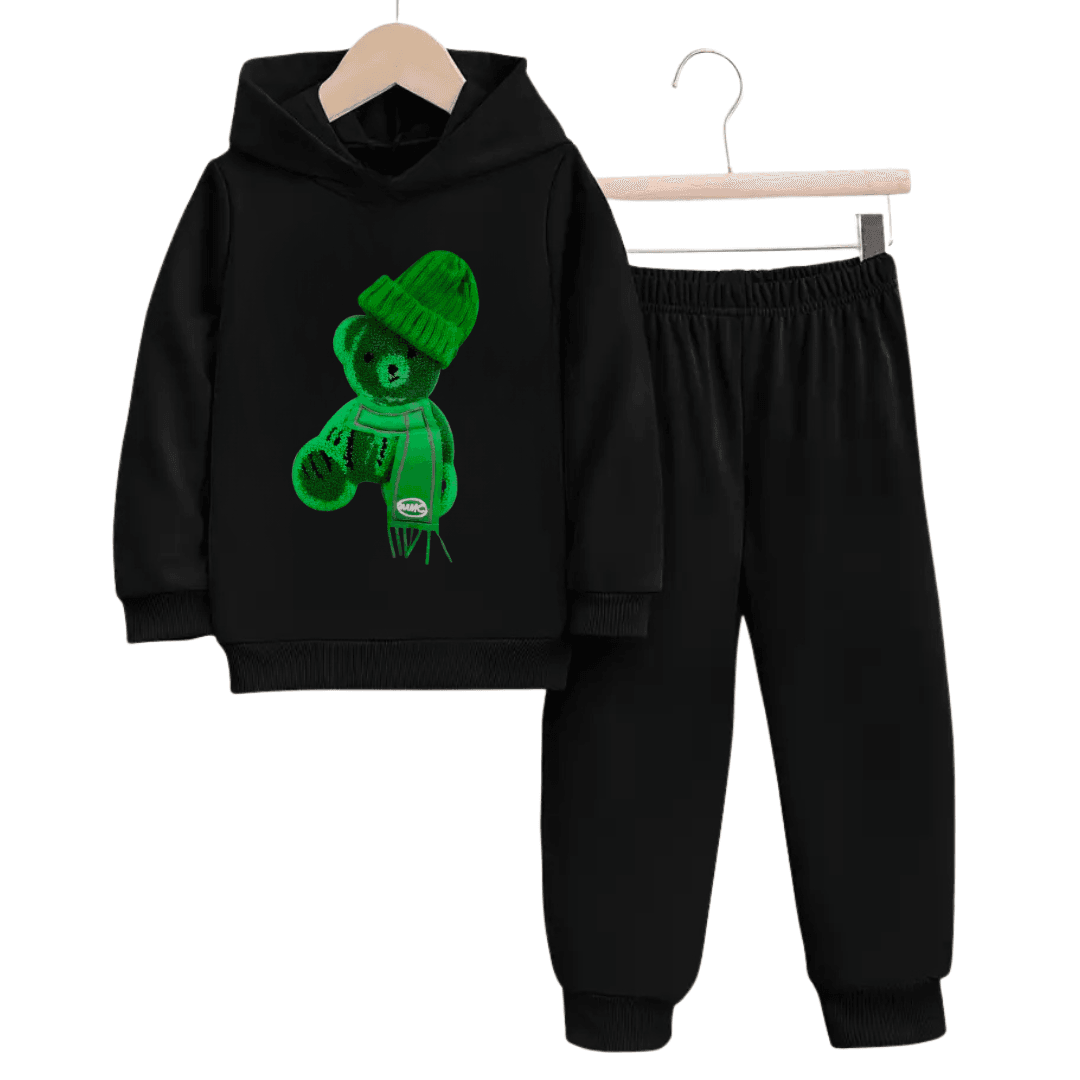 Printed Greeny Bear Fleece Hoodie Tracksuit - Kin Trends