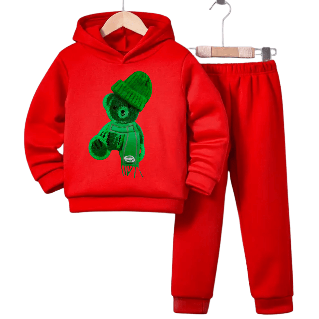 Printed Greeny Bear Fleece Hoodie Tracksuit - Kin Trends