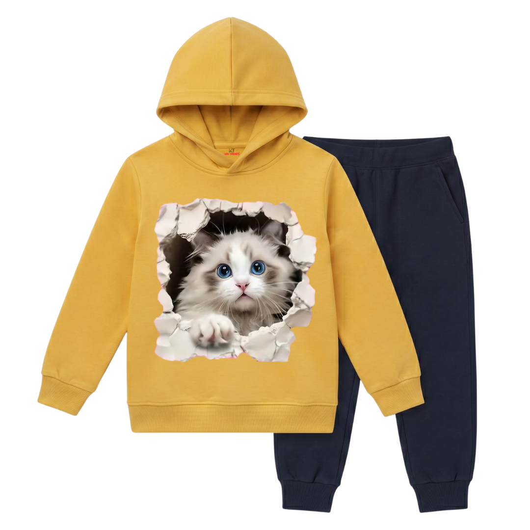 3D Fluffy Cat Graphic Printed Kids Winter Fleece Tracksuit - 2 Pcs