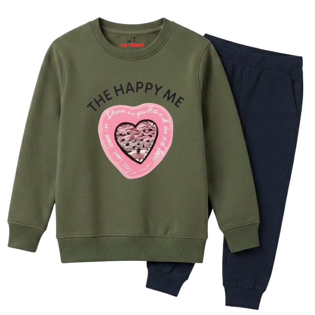 The Happy Me Sequin Heart Girls Winter Sweatshirt Tracksuit - 2 Pcs