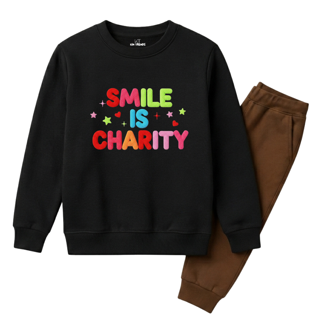 Smile Is Charity Colorful Typography Kids Winter Sweatshirt Tracksuit - 2 Pcs