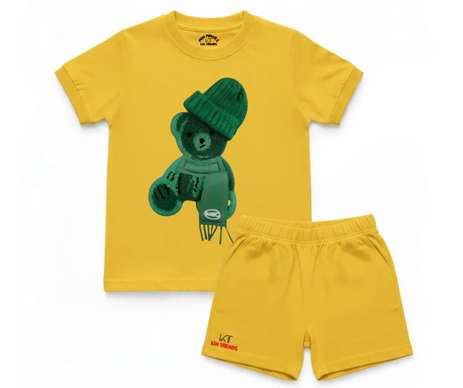 Greeny Bear Shorts Set (Not Embroidered) Kids T shirt and shorts | Mini Minors Kin Trends | Kintrends