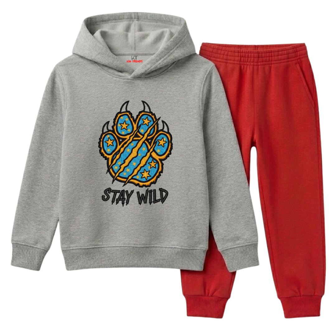 Stay Wild Tiger Paw Scratch Printed Kids Winter Fleece Tracksuit - 2 Pcs