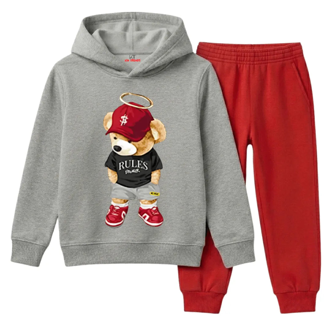 Kids Rules Master Bear Cap Print Winter Hoodie & Trouser Set