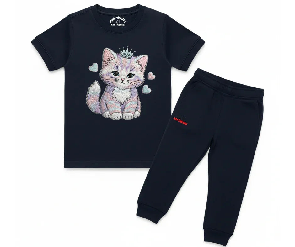 Premium Cute Cat Tracksuit (Not Embroidered) | Kids T shirt and trouser | Mini Minors Kin Trends | Kintrends