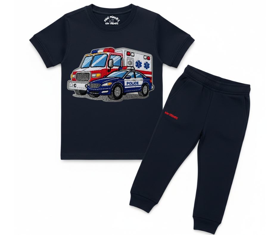 Ambulance Police Tracksuit (Not Embroidered) Kids T shirt and trouser set | Mini Minors Kin Trends | Kintrends