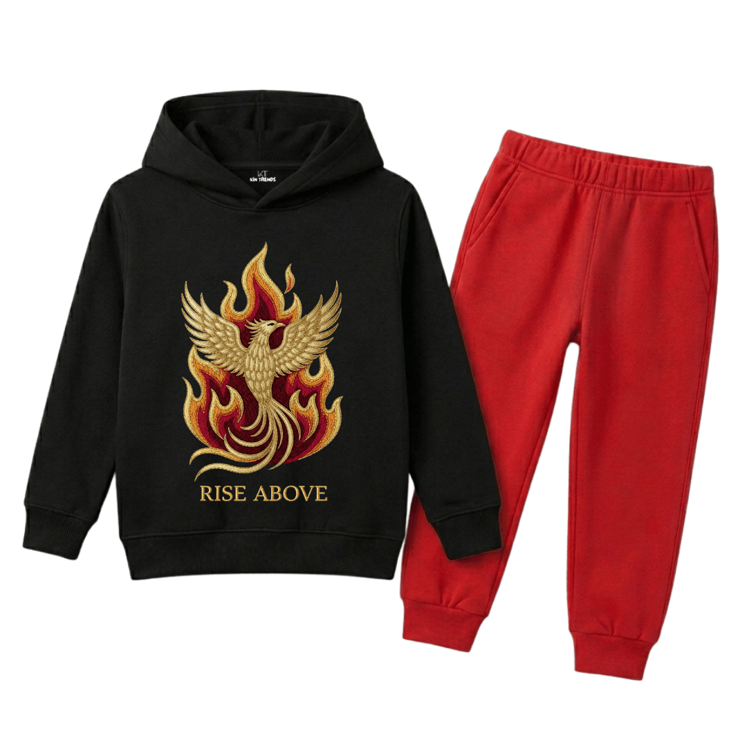 Golden Phoenix Fire Graphic Printed Kids Winter Fleece Tracksuit - 2 Pcs