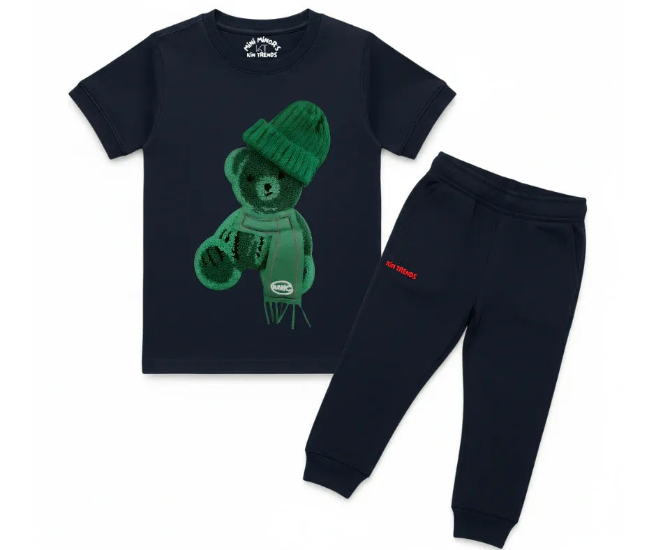 Greeny bear Tracksuit (Not Embroidered) Kids T shirt and trouser | Mini Minors Kin Trends | Kintrends