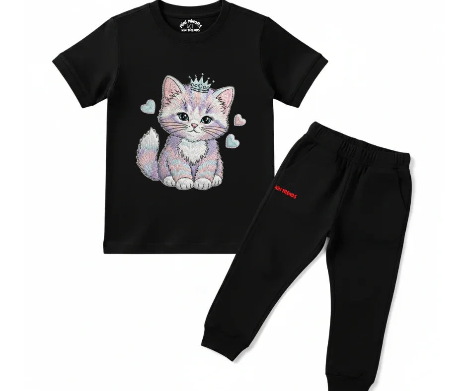 Premium Cute Cat Tracksuit (Not Embroidered) | Kids T shirt and trouser | Mini Minors Kin Trends | Kintrends