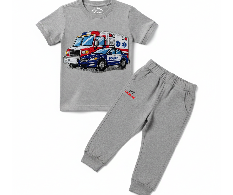 Ambulance Police Tracksuit (Not Embroidered) Kids T shirt and trouser set | Mini Minors Kin Trends | Kintrends