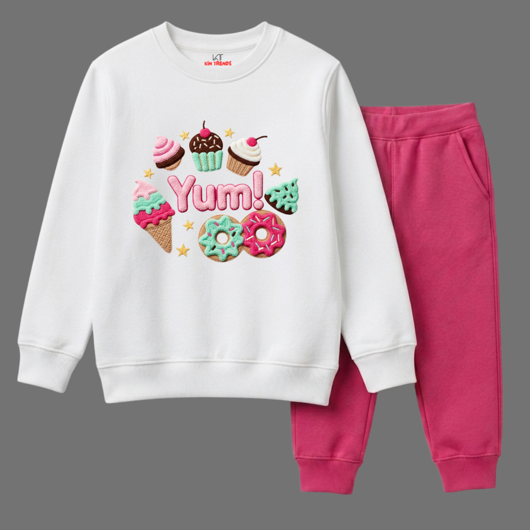 Yum Sweet Cupcakes & Donuts Printed Girls Winter Sweatshirt Tracksuit - 2 Pcs